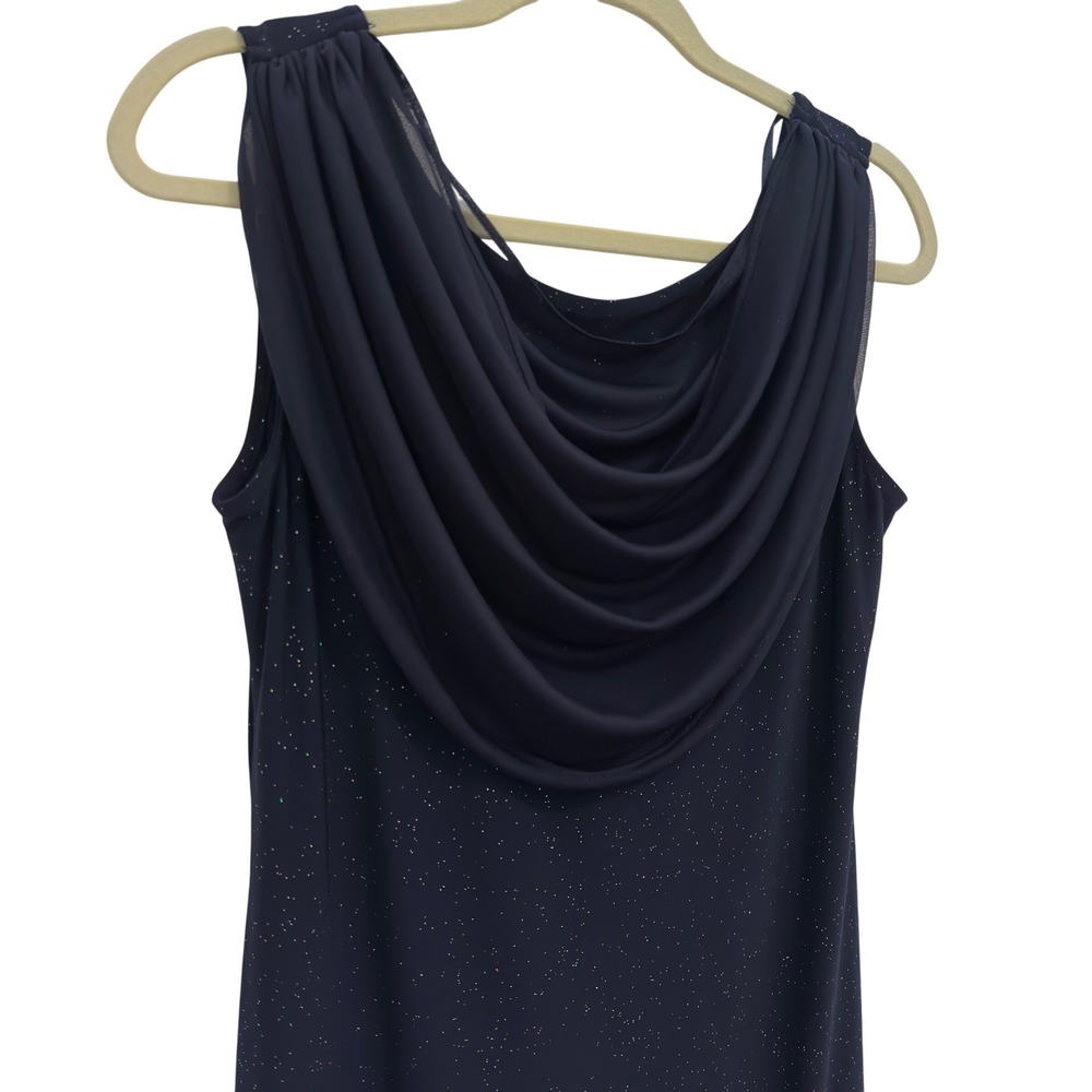 Onyx Nite Cocktail Dress Navy Blue Glitter Cowl Neck Sleeveless Party Glam Sz 8